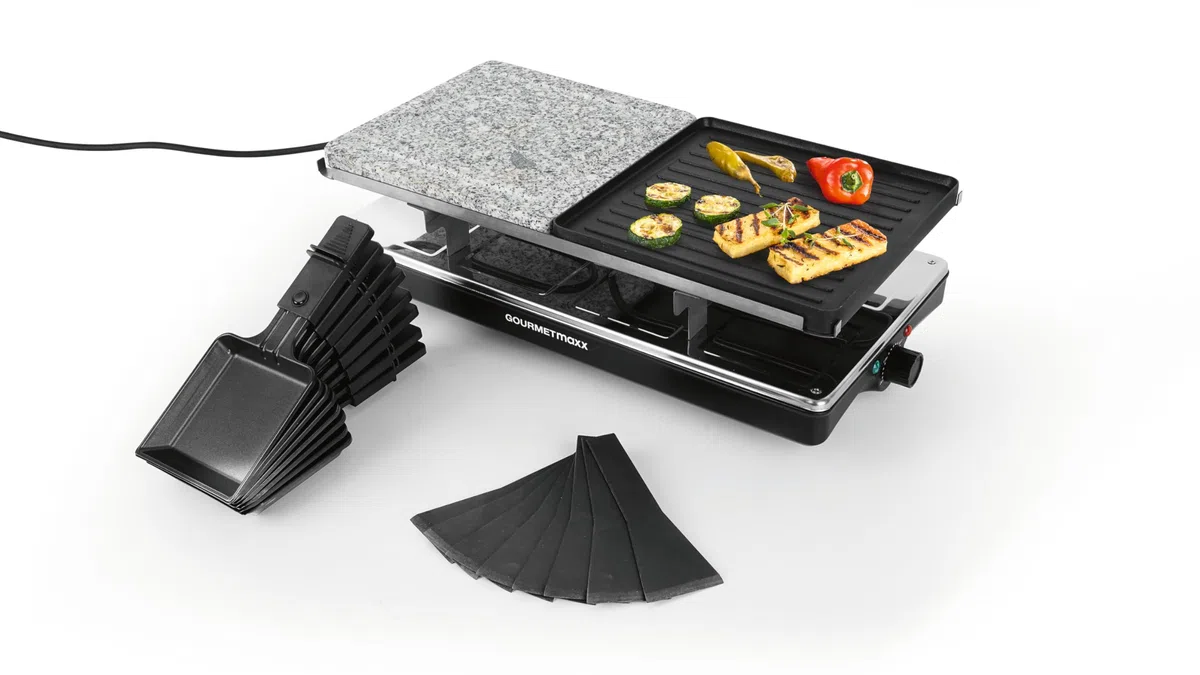 GOURMETmaxx Raclette 2 in 1 Set per 8 persone | Raclette con piastra in pietra e piastra in alluminio con 8 padelle e raschietti | Combinazione raclette con regolazione della temperatura | Griglia