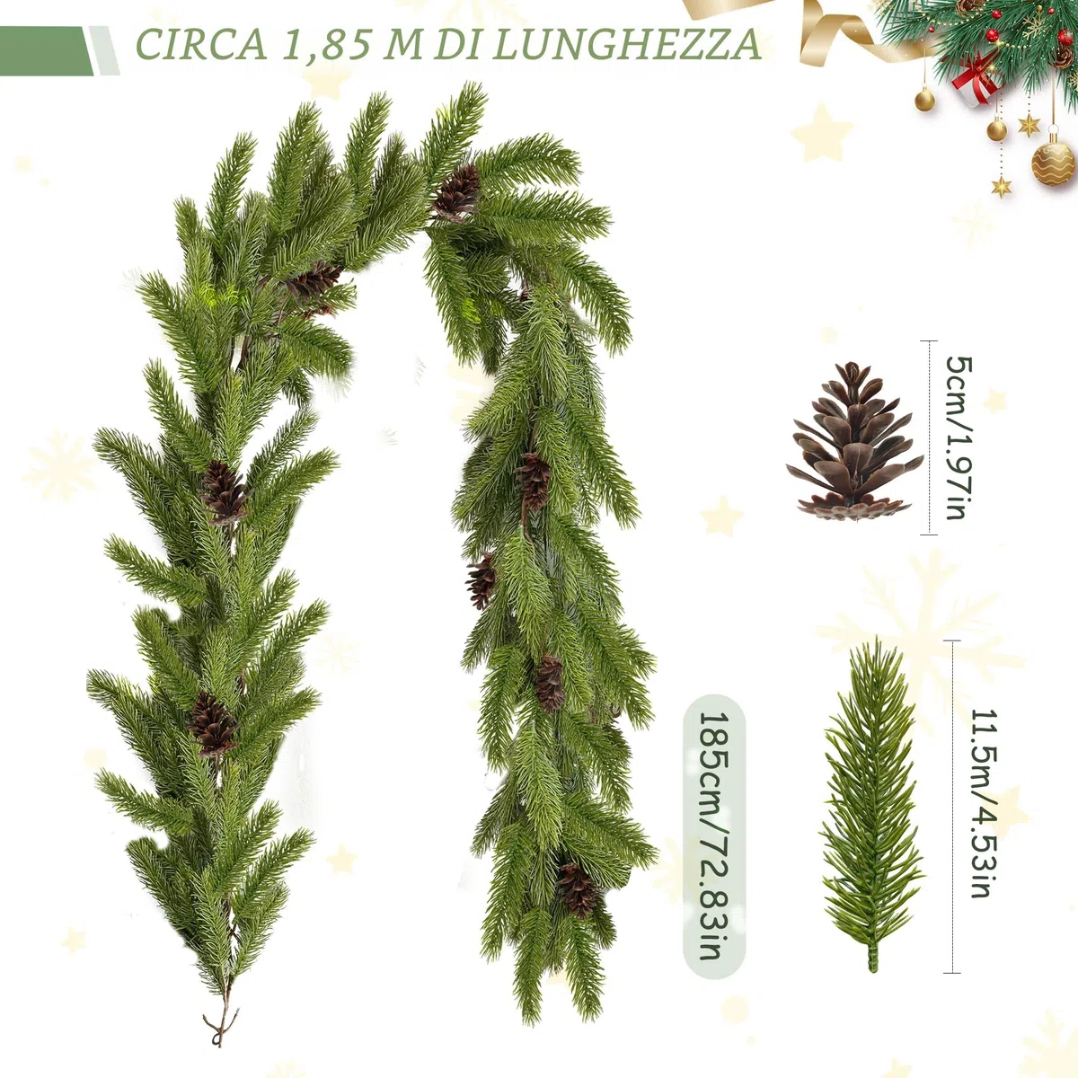ROLLWAY Ghirlanda Natalizia Verde Lunga 185cm, Rami di Pino Artificiale Ghirlande Natale per Esterno e Interno Festone Natalizio Verde Ghirlande di Abete Natalizie Decorazioni per Porta Scale Camino