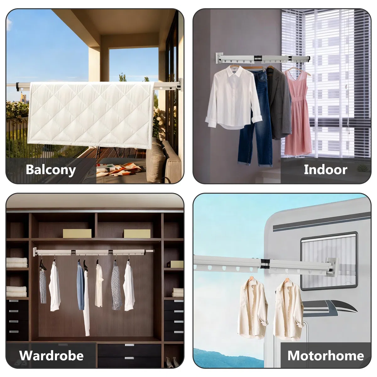 Longzhuo Stendibiancheria da parete pieghevole in 3 pezzi, 125 cm stendibiancheria retrattile interno, asta per vestiti estensibile poco per balcone, lavanderia, bagno, roulotte all'aperto (grigio)