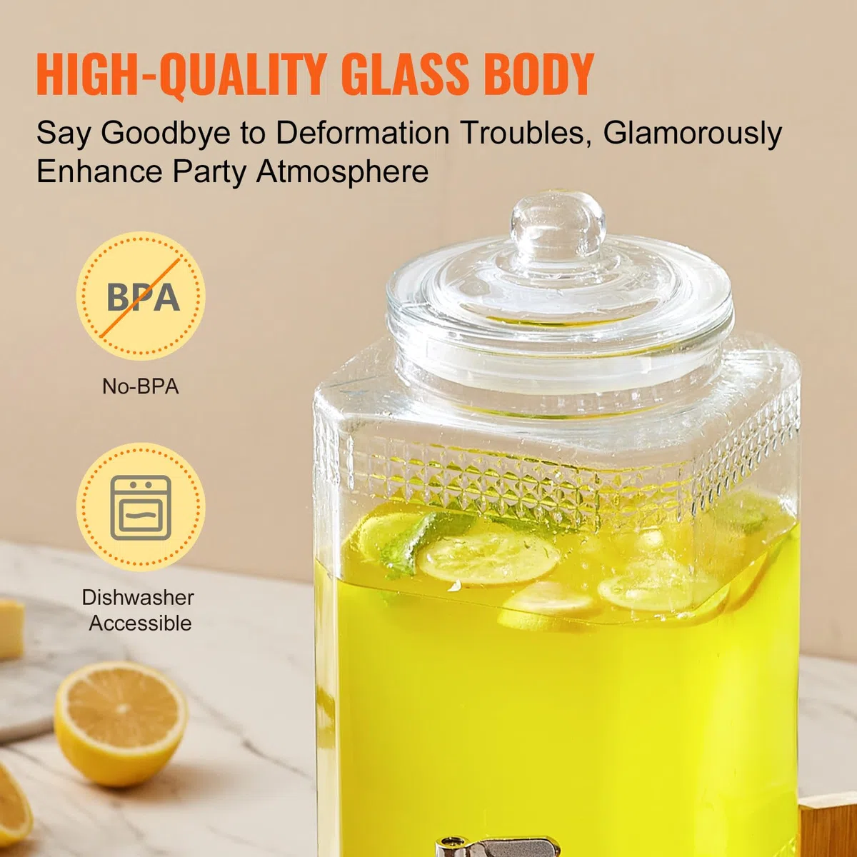 VEVOR Dispenser per Bevande di Vetro, Dispenser per Bevande da 5,5 Litri per Feste, con Supporto, Rubinetto Acciaio Inossidabile, Dispenser per Acqua per Succo, Tè Freddo, Ristoranti, Hotel, Feste