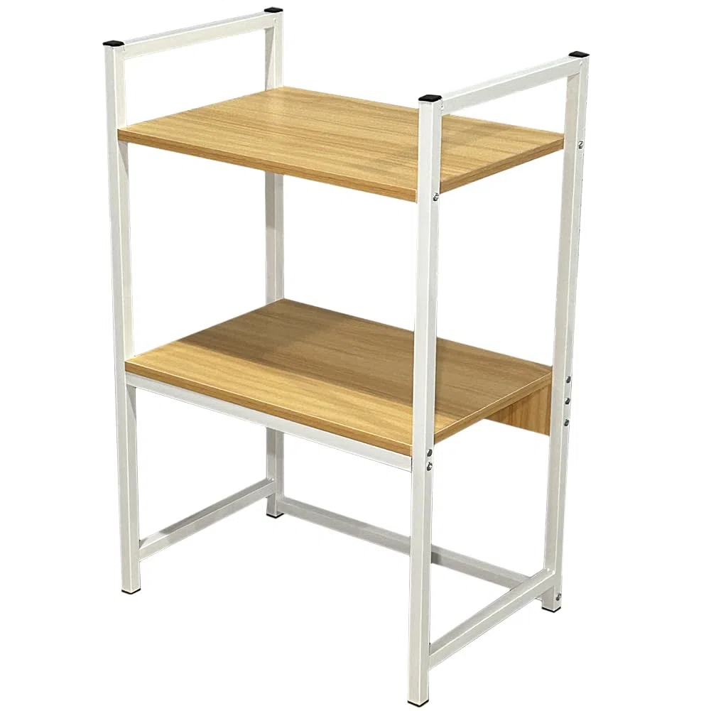 BAKAJI Scaffalatura Porta Stampante Salvaspazio in Acciaio e Legno, Mensola a 2 Ripiani con Piedini Anti Scivolo per Stampanti, Unità di Mensole Supporto da Ufficio Design Industrial (Beige + Bianco)
