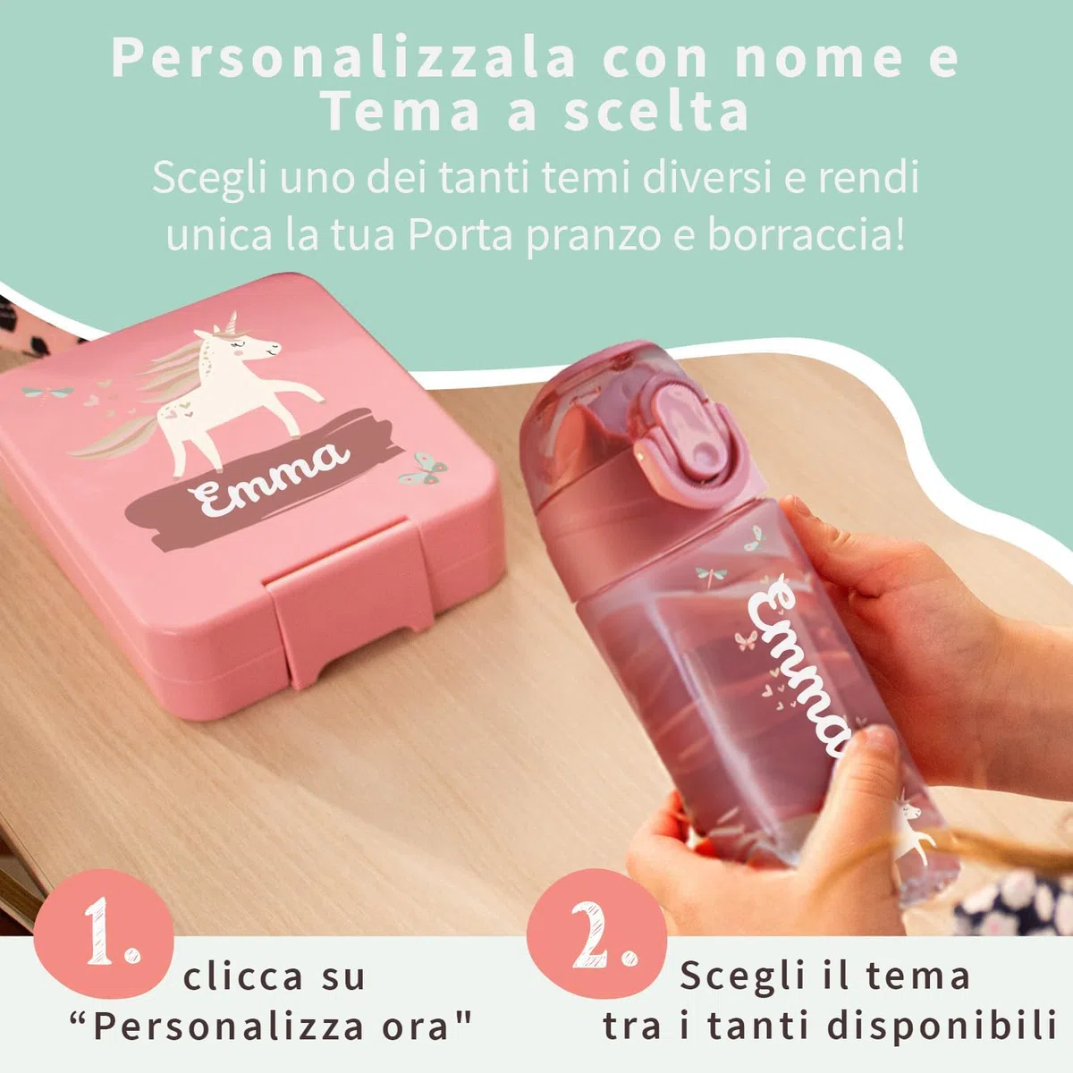 Stellasticker - Set con borraccia personalizzabile per bambini e porta pranzo/merenda personalizzato per bambini in plastica - Borraccia con cannuccia capacità 450 ml - Senza BPA (Azzurro)