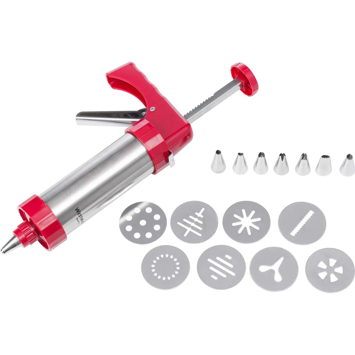Westmark Pressa per pasticceria/siringa per guarnizioni, con 8 dischi di stampaggio e 8 ugelli per stampaggio, capacità: 250 ml, acciaio inox/plastica, argento/rosso, 32332260