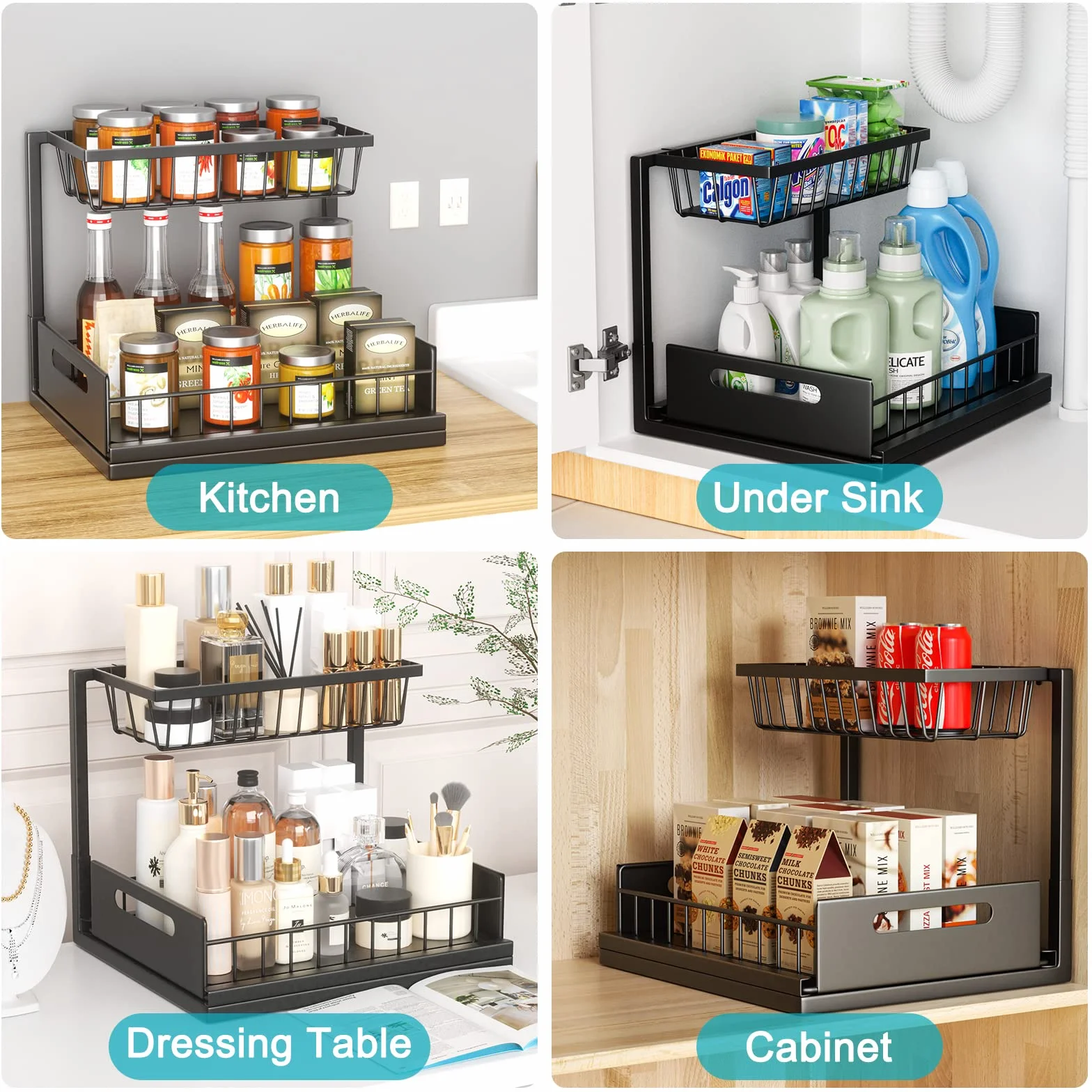 Cocolemon Organizer Sottolavello, Organizer Cucina in Metallo a 2 Livelli, Organizzatore per Armadi Estraibili, Organizzatore da Cucina Stabile e di Grande Capacità, Nero