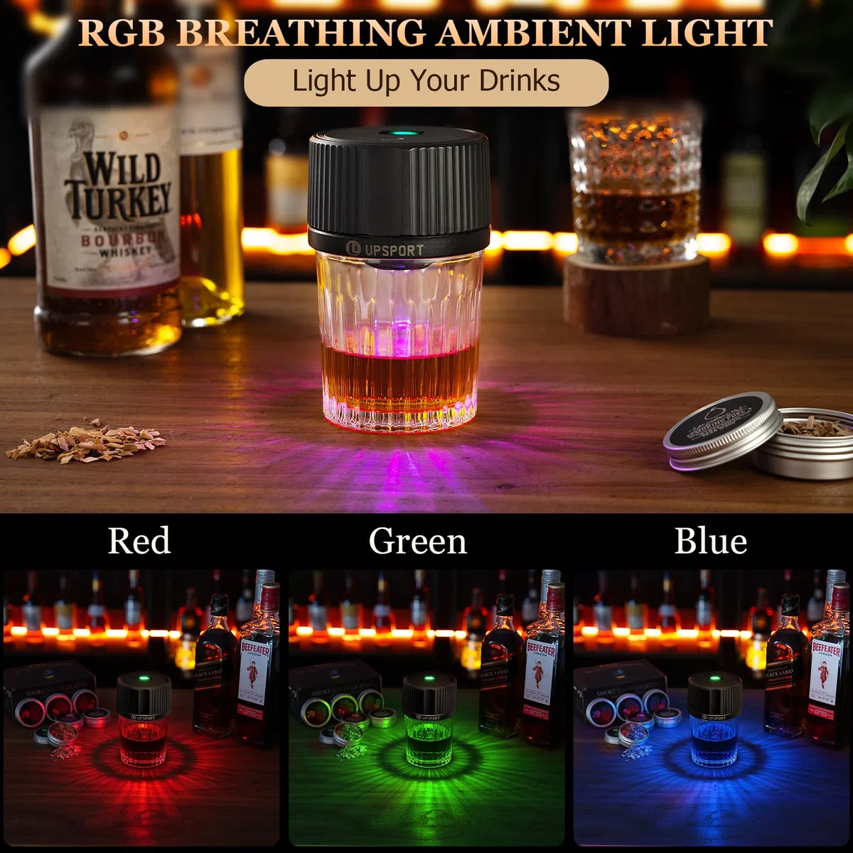 Kit affumicatore elettrico per whisky con 4 modalità di illuminazione, affumicatore per cocktail ricaricabile, 6 trucioli di legno, non richiede butano, regali di Natale/compleanno per uomini