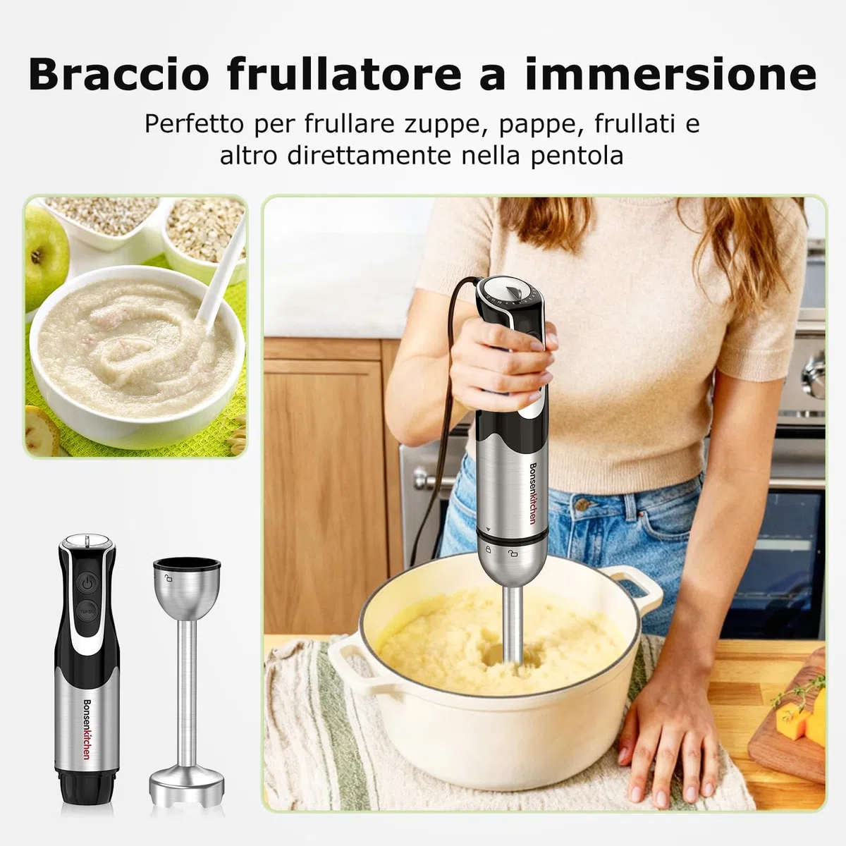 Bonsenkitchen Frullatore a Immersione 4 in 1, 1000W Inox con 12 Velocità e Turbo, Include Frusta, Bicchiere 700ml, Tritatutto