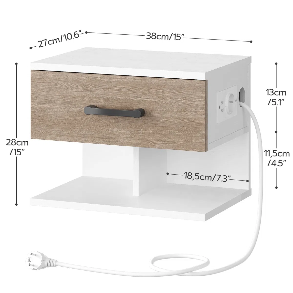 HOOBRO Comodino Sospeso, Comodino da Parete con Stazione di Ricarica e Cassetto, 1 Presa Standard e 2 Porte USB, 2 Opzioni di Montaggio, per Camera da Letto, Bianco e Grigio Anticato EWG127CBZ01