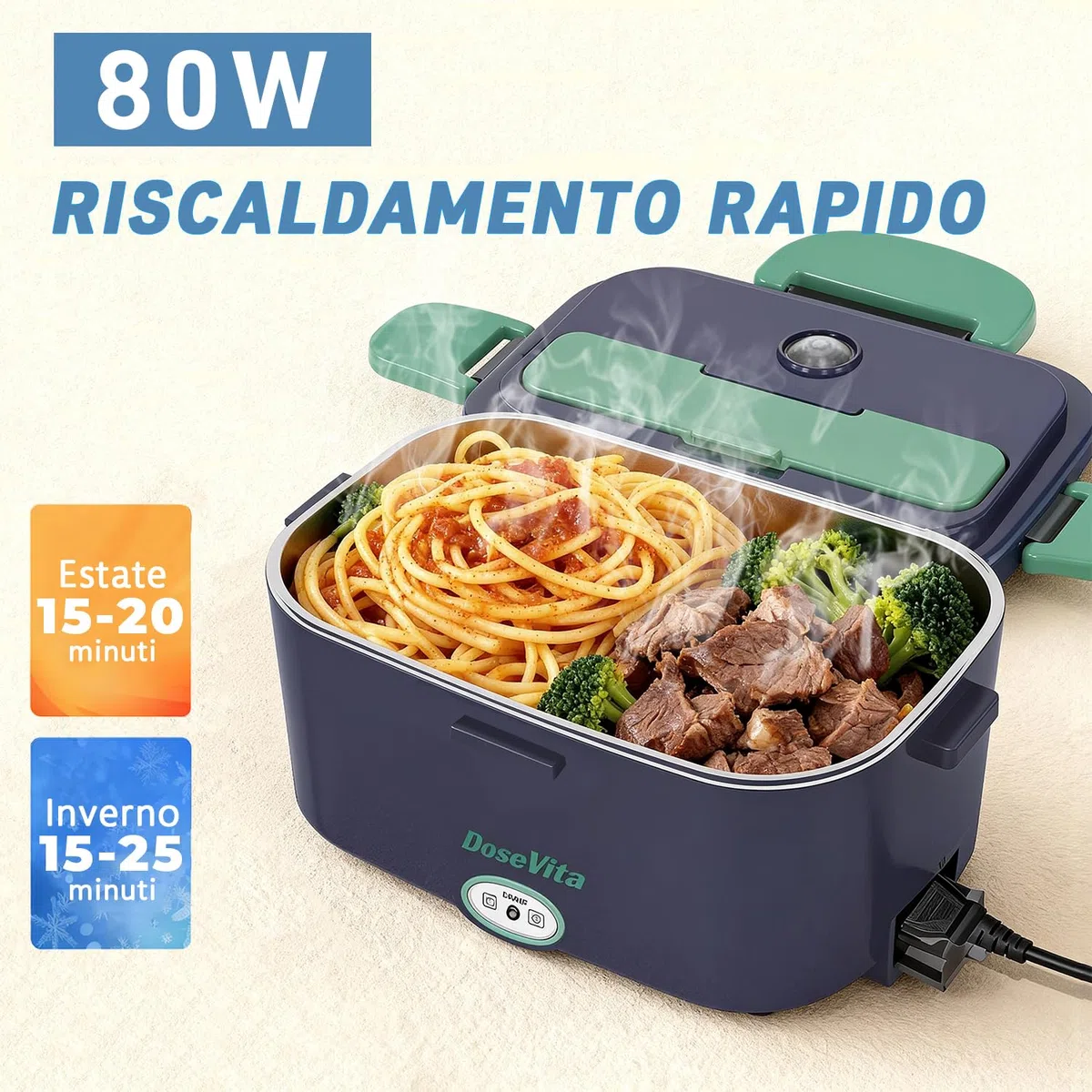 Scaldavivande Elettrico Portatile 80W 3 in 1 per Auto Camion e Ufficio 1,8L Scaldavivande Porta Pranzo con Spazzola di Spugna Forchetta e Borsa (Blu Royal)