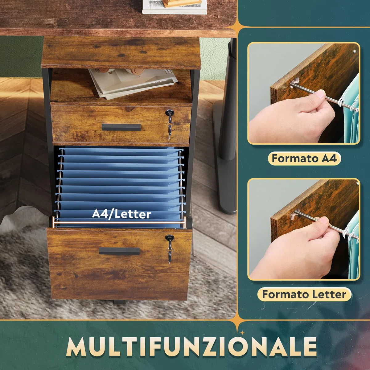 DEVAISE Cassettiera Mobile 2 Cassetti Marrone Retrò, Portastampante con Scaffale Aperto e per Documenti A4/Letter, Ufficio in Stile Classico