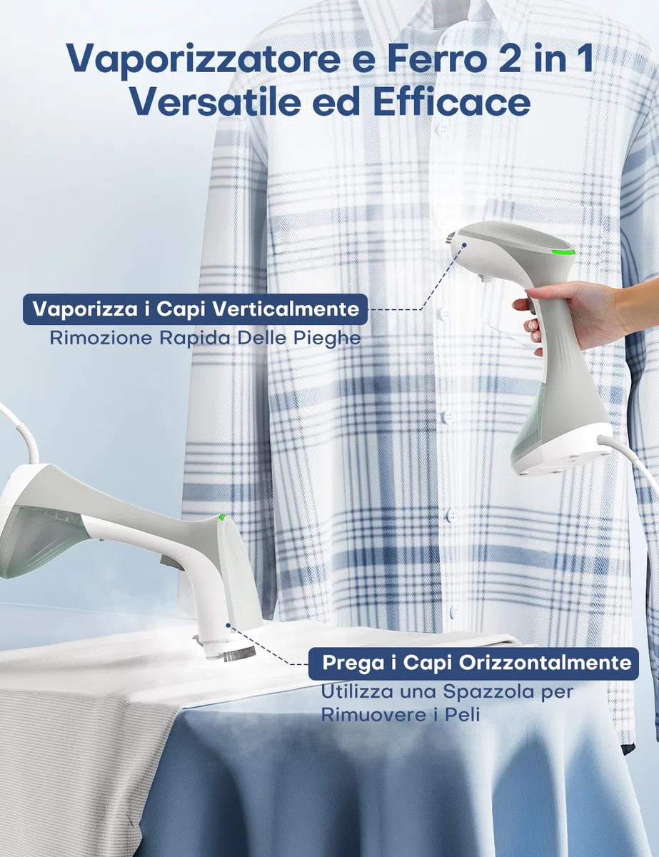 AROEVE Ferro da Stiro Verticale, 1300W Stiravapore Portatile, Serbatoio Grande da 260 ml, 2 Modalità Vapore, Compatto e Portatile per Casa, Ufficio, Viaggi – Rimuovi le Pieghe in Modo Efficiente