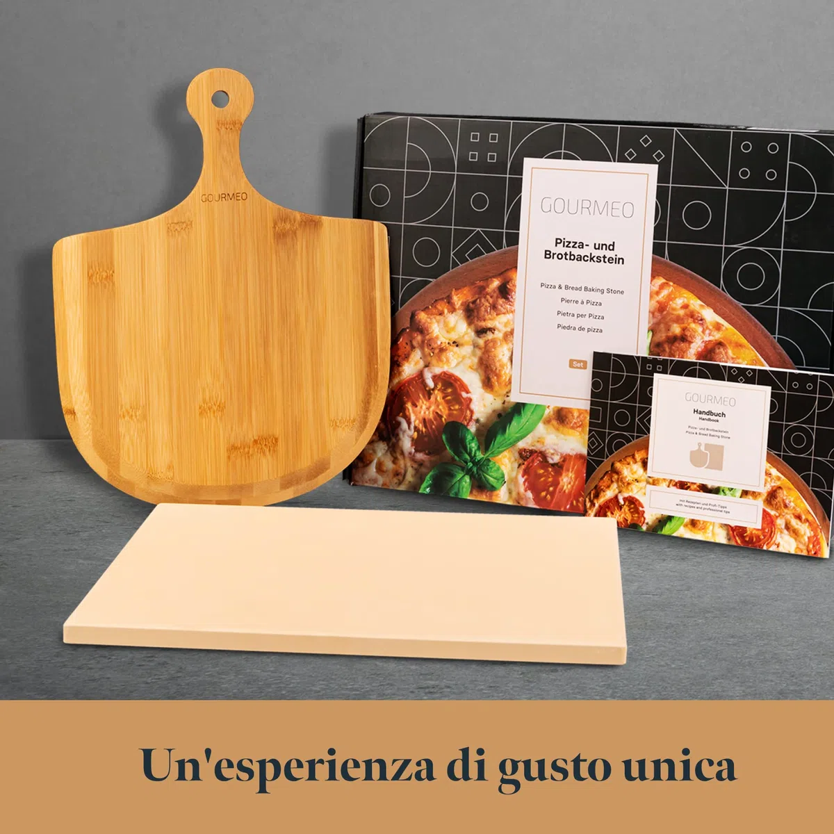 KLAGENA Set di pietre per pizza per forno e grill, con pietra per pizza e paletta per pizza in legno di acacia di alta qualità, set da forno in cordierite, 38 x 30 x 1,5 cm