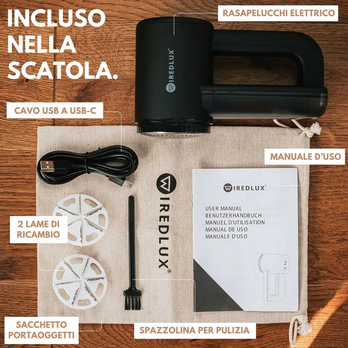 Levapelucchi Elettrico WiredLux - Levapelucchi Ricaricabile per Vestiti e Mobili - 3 Velocità Regolabili, Spazzola a 6 Lame, Display a LED, Ricarica USB (Nero)