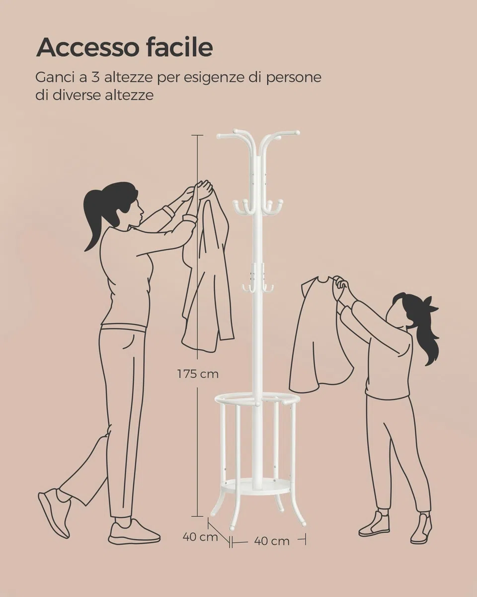 SONGMICS Appendiabiti da Terra, Attaccapanni con Portaombrelli, 12 Ganci, Struttura in Metallo, Alto 175 cm, per Ingresso Entrata Soggiorno Camera da Letto, Bianco Perla RCR011W01