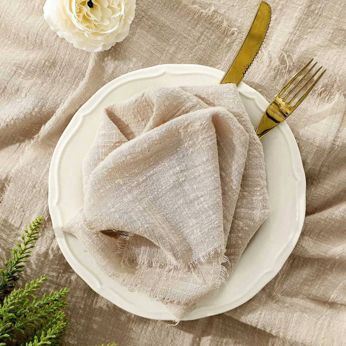 LALAGO 12pcs Tovaglioli Stoffa 45x45cm, Tovaglioli di Stoffa con Frange, Tovaglioli di Lino Cotone Lavabili Riutilizzabili per Matrimoni, Hotel, Ristoranti, Eventi e Feste Beige