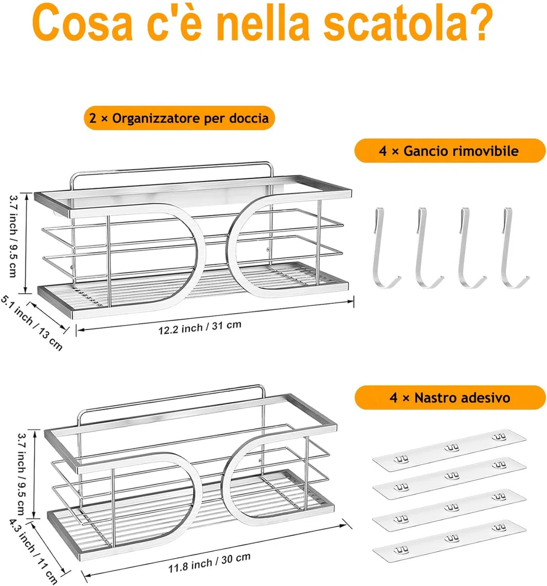 Mensola Doccia Adesiva Portaoggetti Doccia con Ganci 304 Acciaio Inox Resistente alla Ruggine per Shampoo, Spugne, Rasoi 2 Pezzi(Argento)