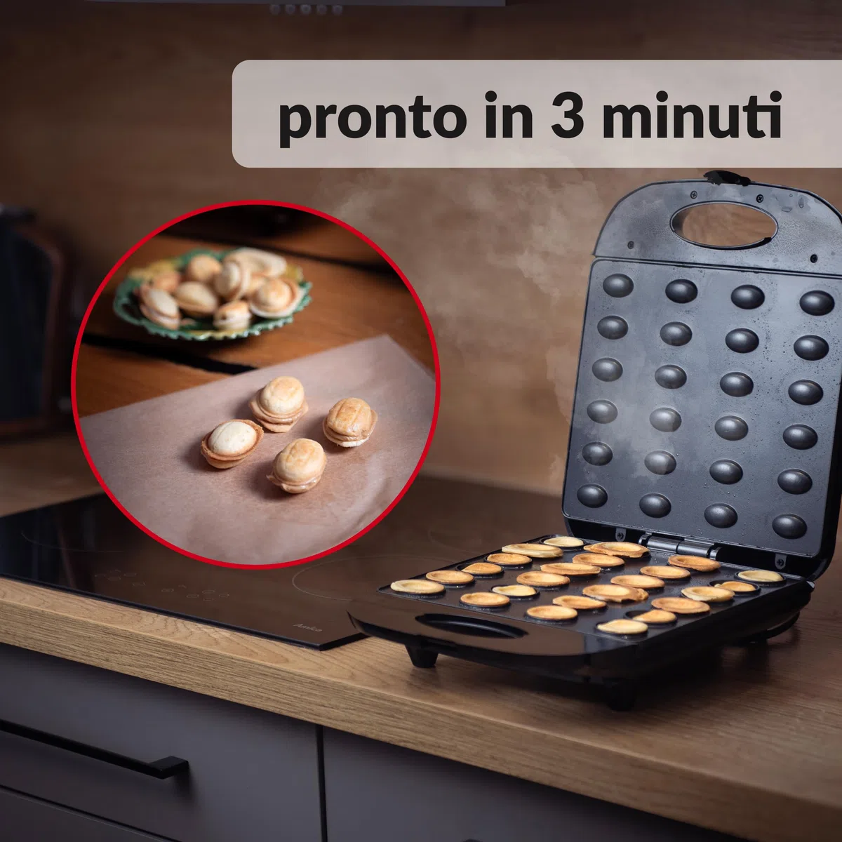 LEHMANN Macchina per Noci Dolci Elettrica,1700 W, Piastra per Noci Dolci con Rivestimento Antiaderente, per 24 Mezze Noci, per la Farcitura con Crema, Macchina per Biscotti Elettrica Oreshki