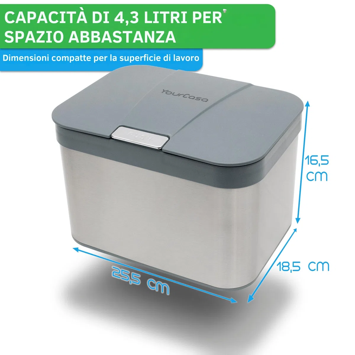 YourCasa Pattumiera per compost 4,3 l per rifiuti organici quotidiani in cucina inserto interno lavabile in lavastoviglie inodore e lavabile in acciaio inox biologico con coperchio (grigio)
