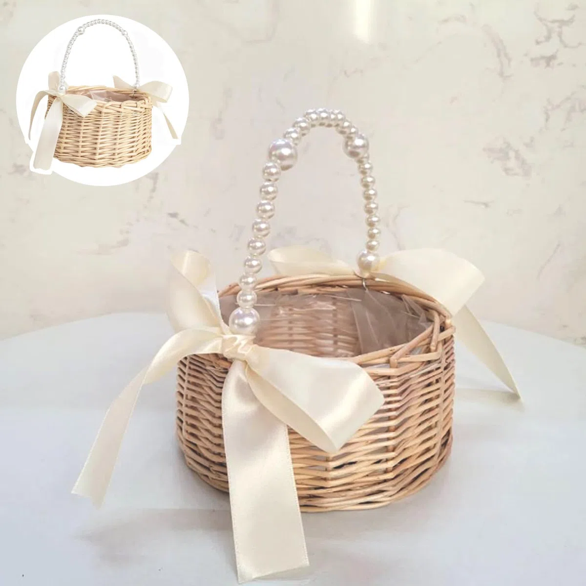 2 pezzi vimini rattan ragazza cesto di, cesto di fiori con manico e fiocco Cestini per fiori da sposa Cestino in vimini per il matrimonio (A)