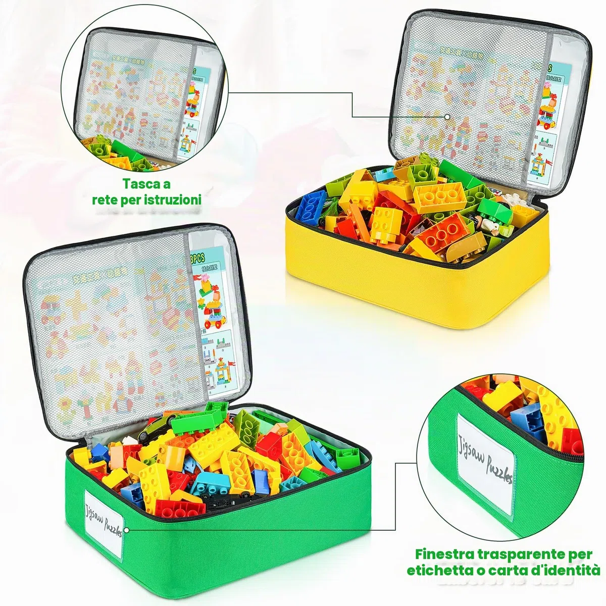 Sacchetti per riporre giocattoli compatibili con mattoncini Lego, 5 pezzi organizer da viaggio per giocattoli per bambini blocchi da costruzione, macchinine giocattolo, puzzle con tasca a rete e tasca