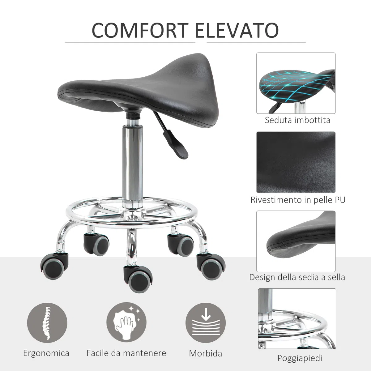HOMCOM Sgabello con 5 Ruote, Sgabello Regolabile in Altezza, Seduta Ergonomica Imbottita in Gommapiuma, Design Moderno, Versatile, 36.5x37.5x51-66 cm, Nero