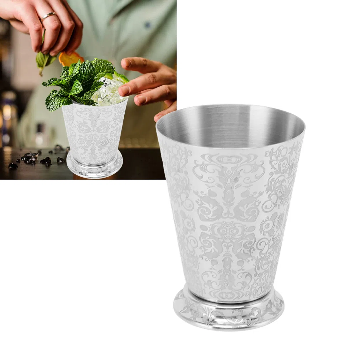 Tissting 400ml Mint Julep Cup, Bicchieri da Cocktail in Acciaio Inossidabile 304 Bicchieri da Cocktail in Metallo Moscow Mule Argento per Feste, Bar, Casa, Ristorante(Modello Totemico)
