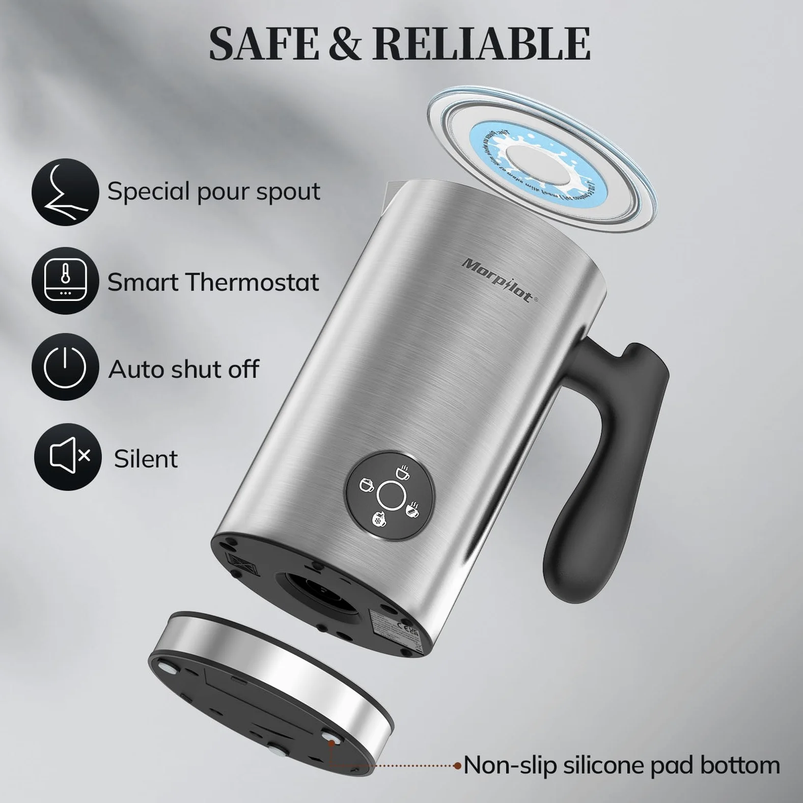 Morpilot Montalate Elettrico, Milk Frother per Cappuccino e Hot Cocoa, Cappuccinatore Elettrico, Capacità 300ml, Acciaio Inossidabile di Alta Qualità