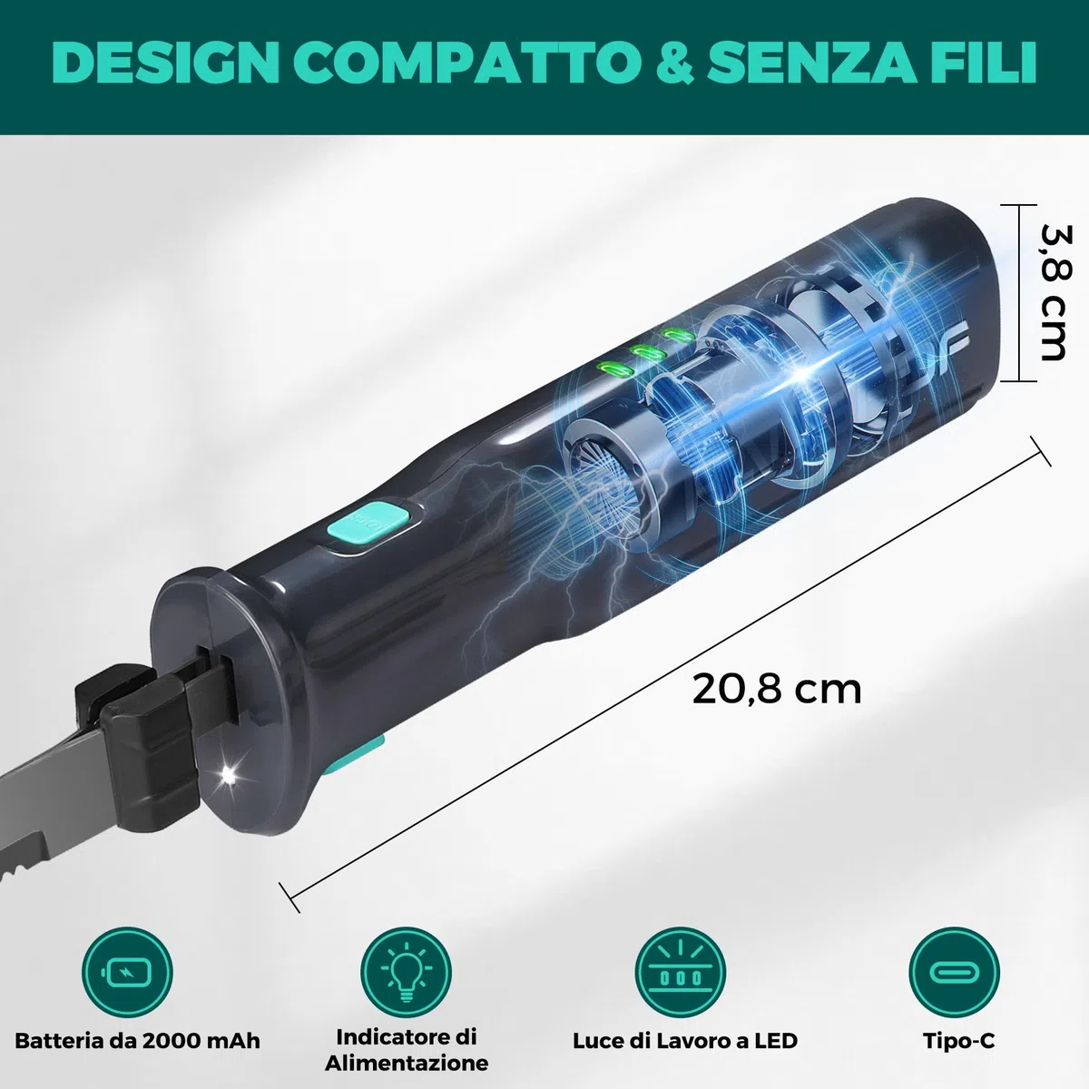 HAUSHOF Coltello Elettrico a Batteria con Coltello da Pane 18cm, Coltello da Bistecca 20cm e Forchetta, Coltello da Cucina Batteria 2000mAh, Ideale per Affettare Cotolette, Pane, Formaggio - Nero