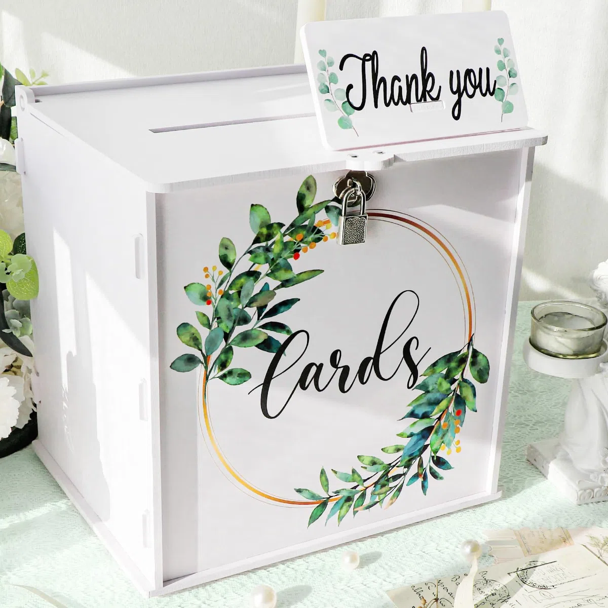 Scatola per biglietti di nozze con lucchetto, in PVC bianco, per ricevimento di nozze, eucalipto, fai da te, per feste, lauree, baby shower, compleanno
