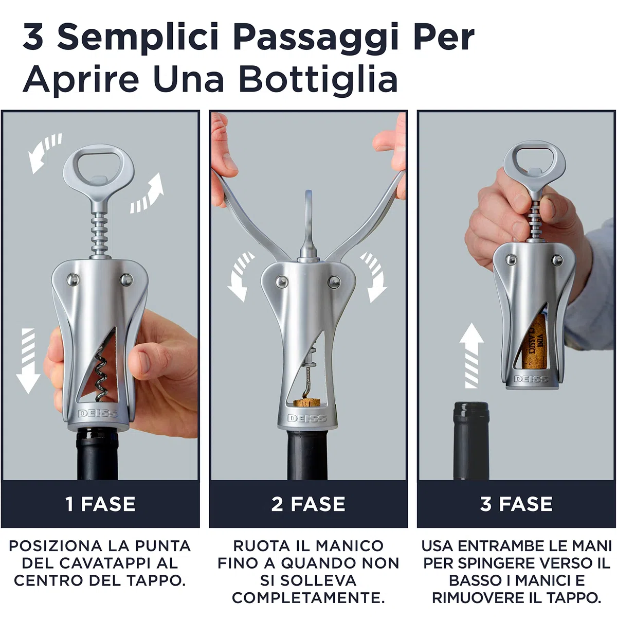 Apribottiglie per vino Deiss Lux, cavatappi ad alta interamente in metallo con apribottiglie per birra incorporato - tappatore ergonomico per vino