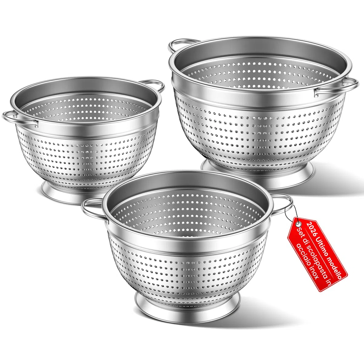 Set di 3 scolapasta in acciaio inox, 20/24/26cm Colino-Scolapasta in Metallo per Lavello con Manico, Filtro a Maglia Fine per Lavare Pasta, Verdura, Frutta e Riso (tre)