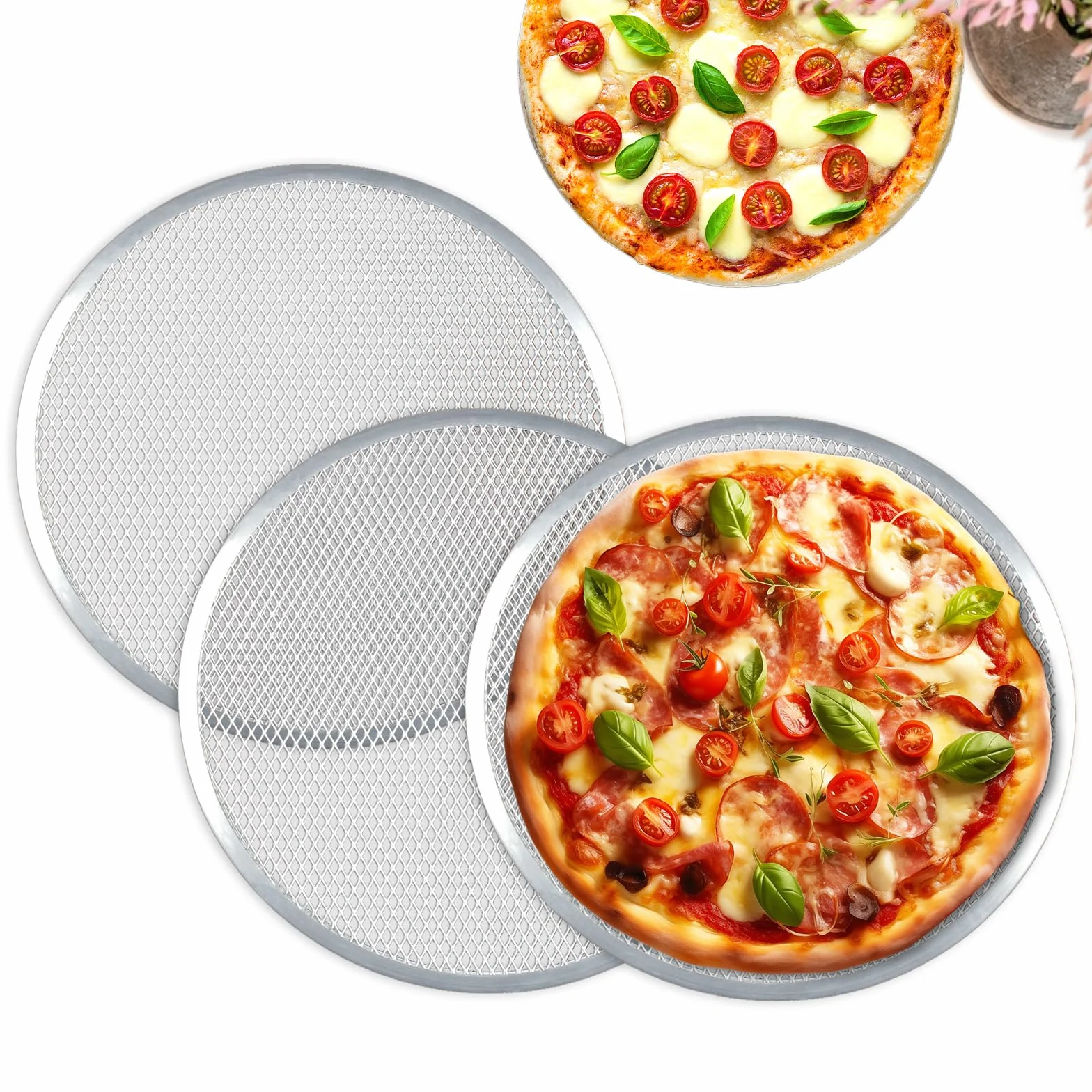 STARVAST Set di 3 Griglie per Pizza da 33 CM, Teglia per Pizza in Alluminio, Piatto Pizza Rotondo per Pizza, Griglia per Barbecue