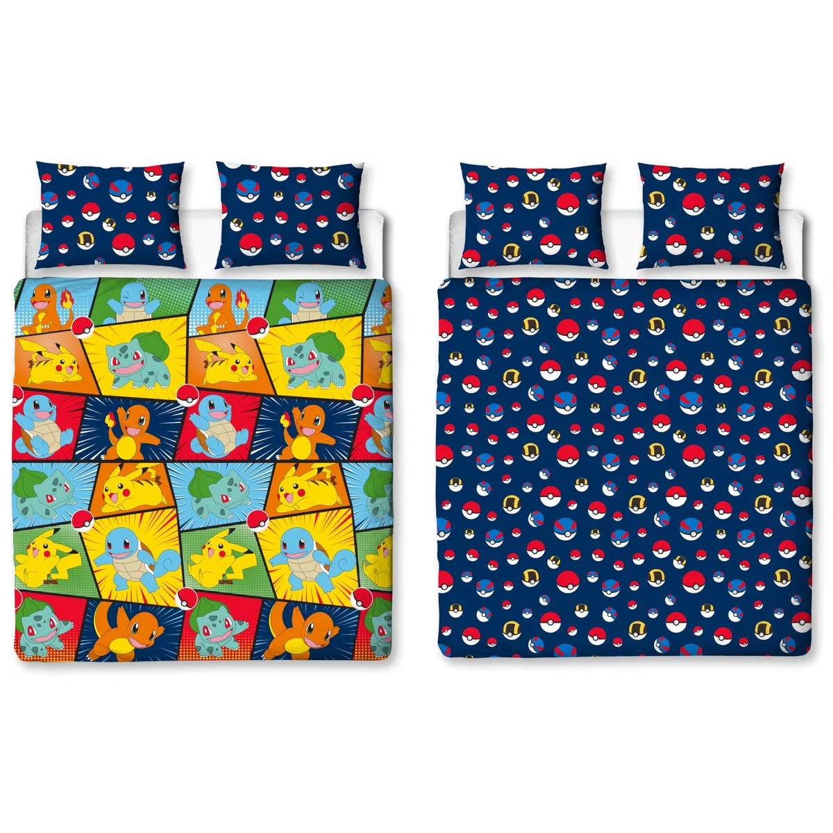 Set copripiumino matrimoniale ufficiale Pokemon, design retrò, reversibile, blu, con Pikachu, Squirtle, Charmander, prodotto ufficiale, con federe coordinate