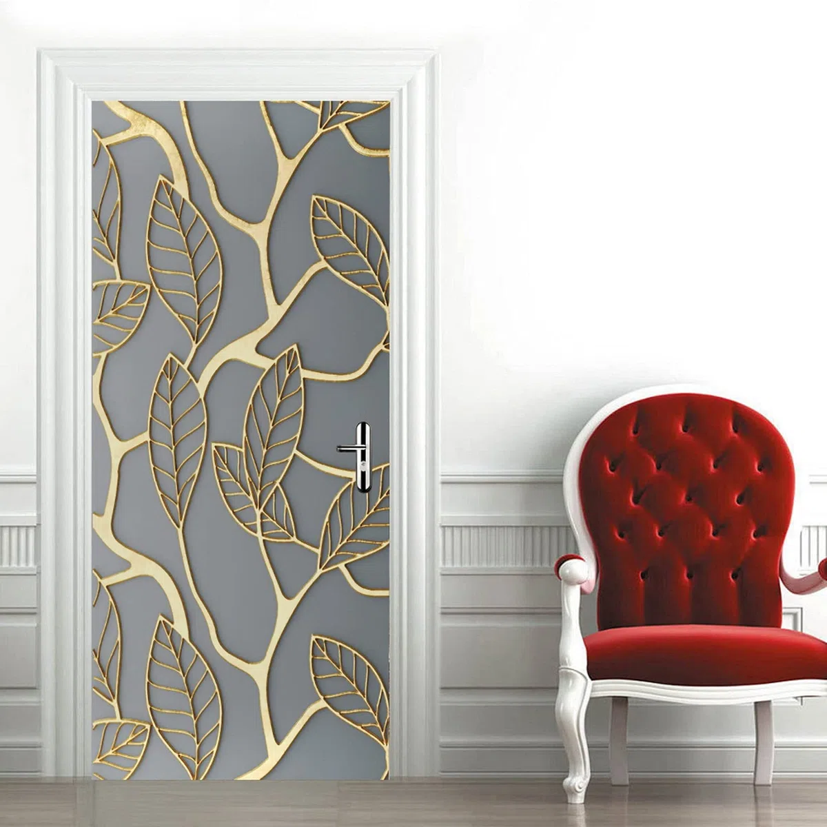 A.Monamour Adesivo Porta Autoadesiva Rami D'Albero D'Oro Con Foglie Arte Astratta Moderna Vinile PVC Adesivi per Porte Interne 3D Pellicola Adesiva Poster Sticker Murale Parete Carta da Parati