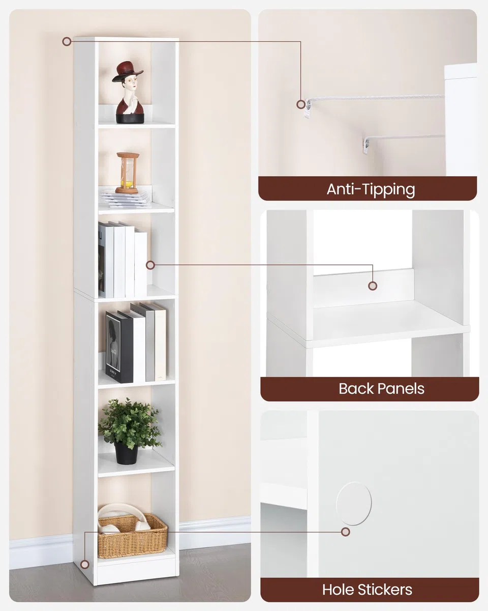 Hzuaneri Libreria a 6 Ripiani, Scaffale Libreria, 24 x 30 x 183 cm, per Soggiorno Studio Ufficio Camera da Letto, Bianco BC09603X