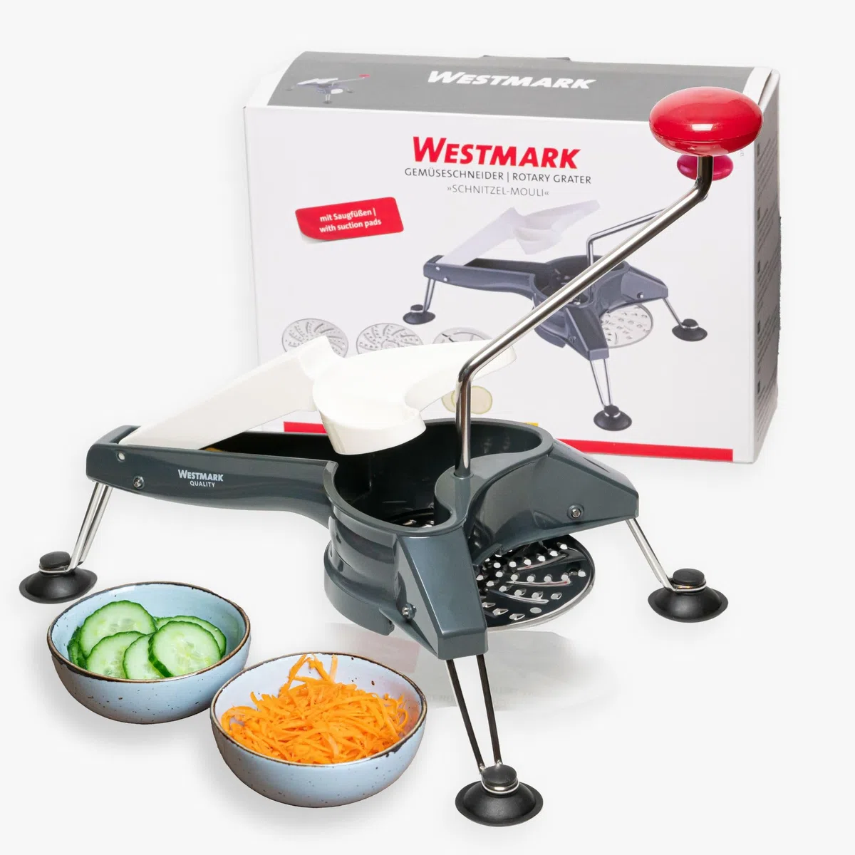 Westmark Affetta-verdure con 3 dischi, Lame in acciaio inox, Schnitzel Mouli, Antracite/Argento/Rosso, 11712260