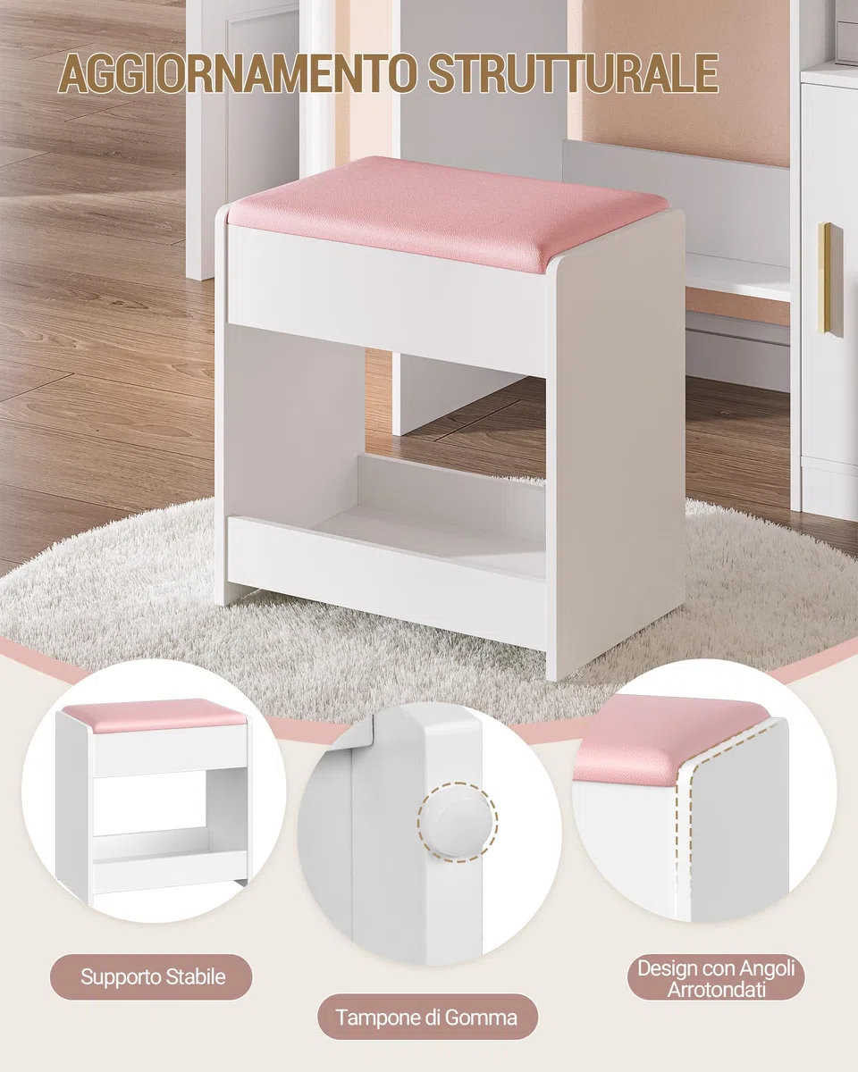Hzuaneri Sgabello Toeletta Trucco, Sgabello Imbottito Postazione Trucco, Piedini con Cuscinetti Antiscivolo, Camera da Letto Cabina Armadio Ingresso, Bianco e Rosa VS32403A