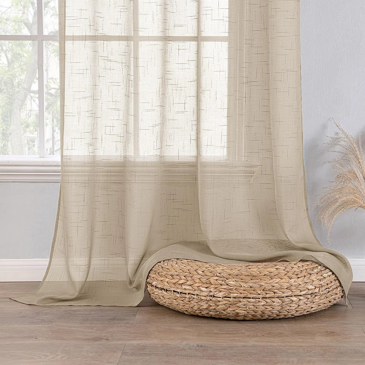 EMEMA Set di 2 tende in voile trasparenti in lino con occhielli, per soggiorno moderno, tenda decorativa per camera da letto, con occhielli, 140 x 260 cm (B x H) beige