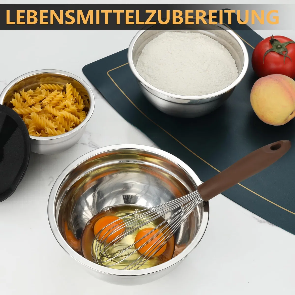 hunnycook set di insalatiera per la miscelazione da 7 pezzi, ciotola acciaio inox cucina con coperchio 5L, 4.5L, 4L, 2.4L, 1.7L, 1.25L, 0.8L, set ciotole cucina impilabili, lavabili in lavastoviglie