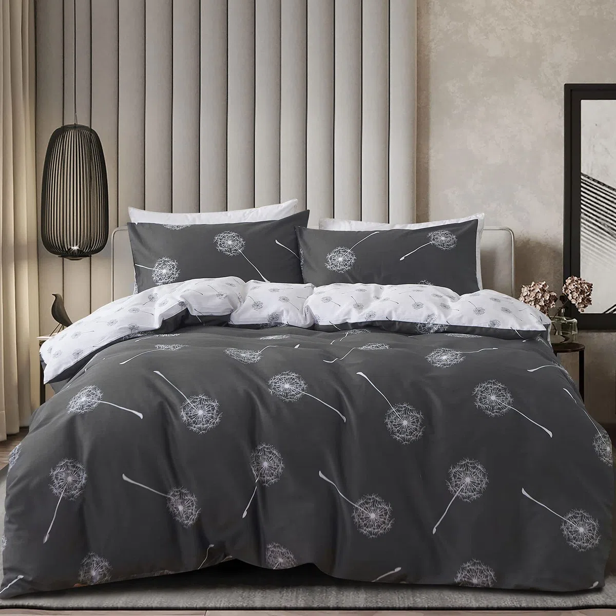 KEAYOO Biancheria da letto 155 x 220 cm, in cotone, per l'inverno fino all'estate, colore grigio, bianco, con motivo a leone, 100% cotone, Soft Touch con chiusura lampo, set da 2 pezzi