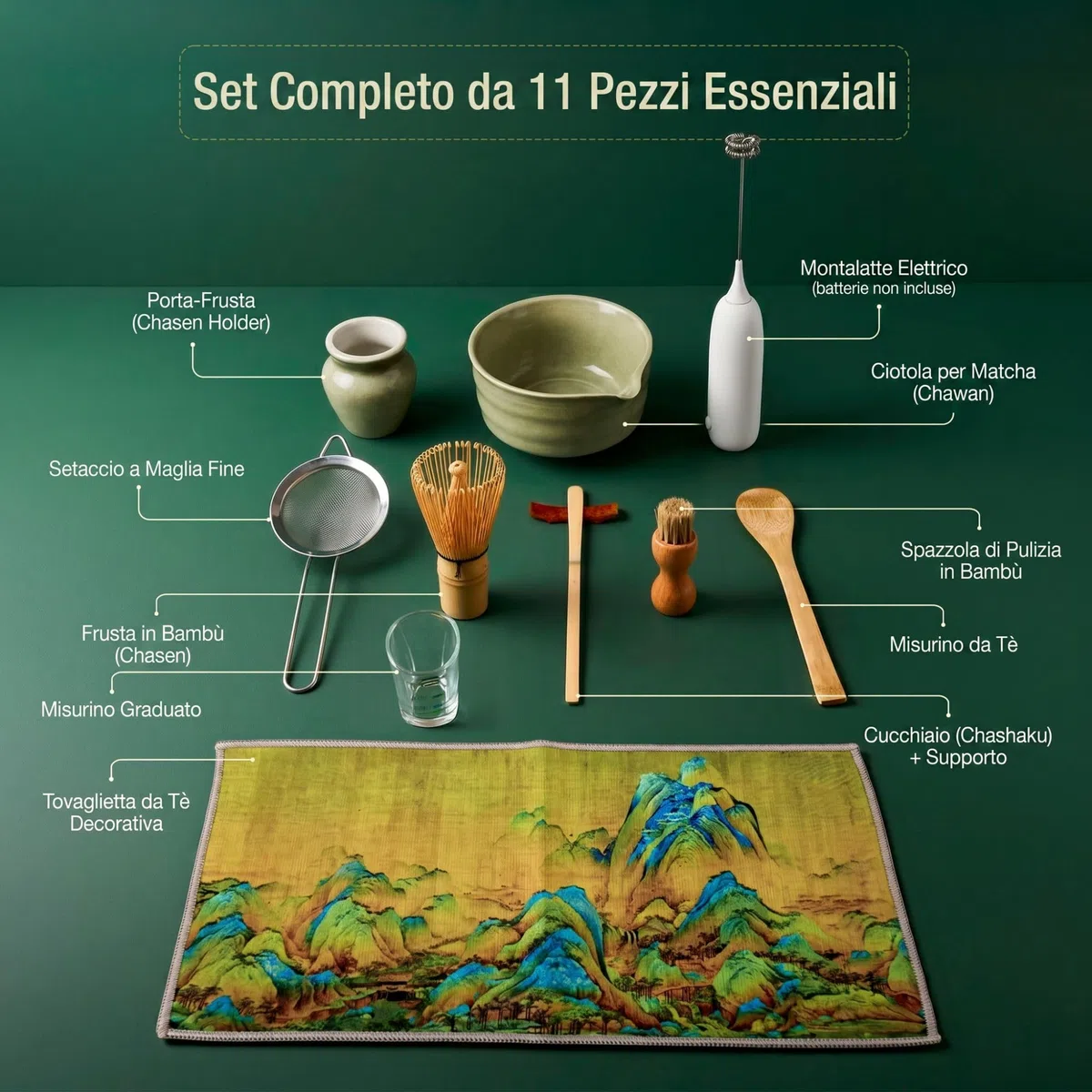 Kit Tè Matcha con Frusta Elettrico Schiuma e Set Completo Accessori Tradizionali Ciotola Ceramica Setaccio Bambù Preparazione Rituale Autentico Iniziazione Set di 11 Pezzi Regalo Premium