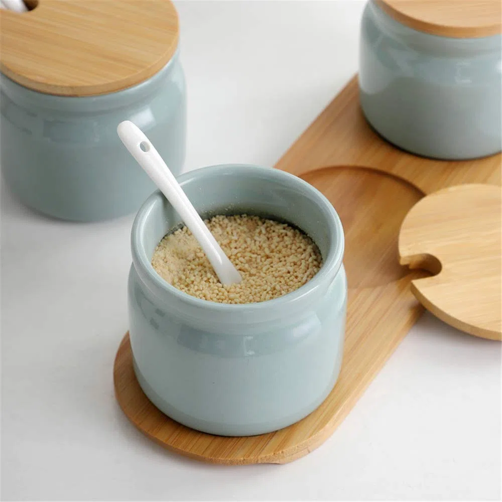 Set di 3 Zuccheriera in Ceramica, 300ml Contenitore per spezie barattoli spezie Rotonda con Coperchio e Cucchiaio, per Casa e Cucina