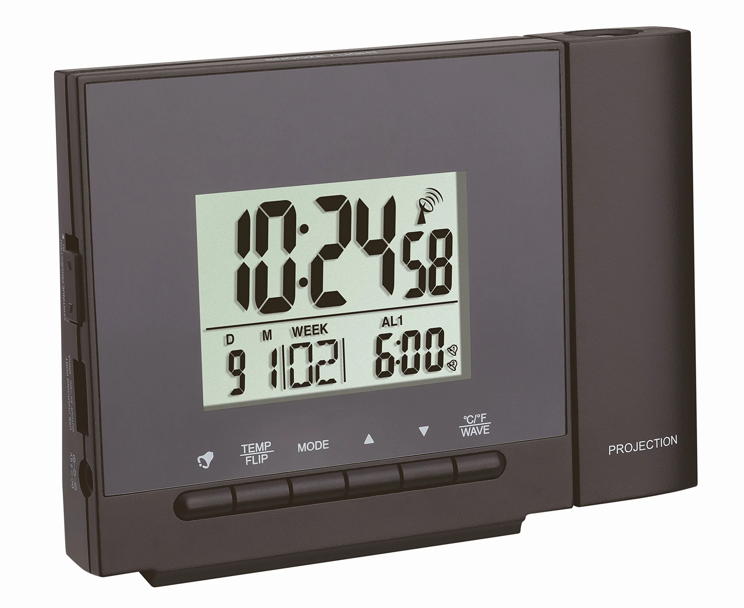 TFA Dostmann Sveglia con proiettore soffitto radio Dostmann, 60.5013.01, proiezione di ora/temperatura, due orari di allarme, funzione di ricarica per dispositivi mobili, nero