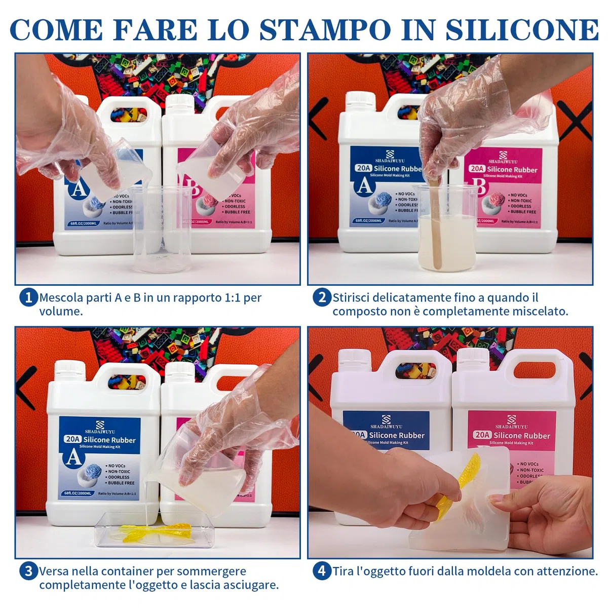 Silicone per Stampi 20A,1,25KG Trasparente Silicone Liquido Mescolamento 1:1 Rapida Cura Gomma Siliconica per Stampi,DIY Sapone Artigianale,Candele,Stampi per Resina