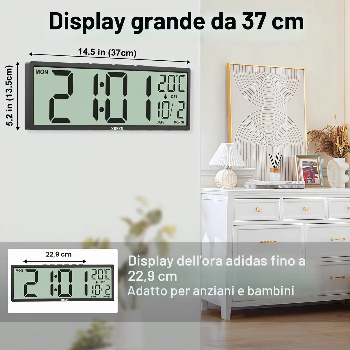 XREXS Orologio Digitale da Parete da 14,5 pollici, Valendario, Temperatura, Funzione DST, Gunzionamento a Batteria, per Vamera da Letto, Doggiorno, Sula, Ufficio (Nero)