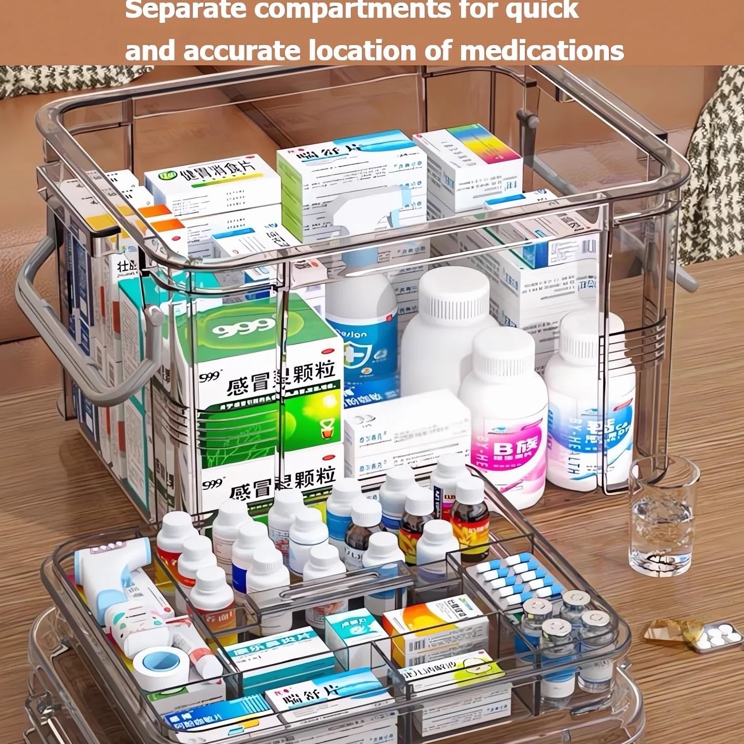 Scatola per medicinali, porta medicin casa a Doppio Strato, medicine box con scomparti e manici, scatola porta medicine per Casa e Viaggi, 31x23x18.5 cm