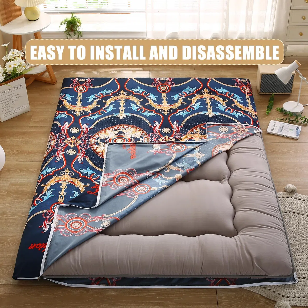 H,150x200cm(Queen), Coprimaterasso Futon con Cerniera Copertura Tradizionale Giapponese del Materasso Futon del Pavimento Comodo Copriletto Protettore Materasso Completo