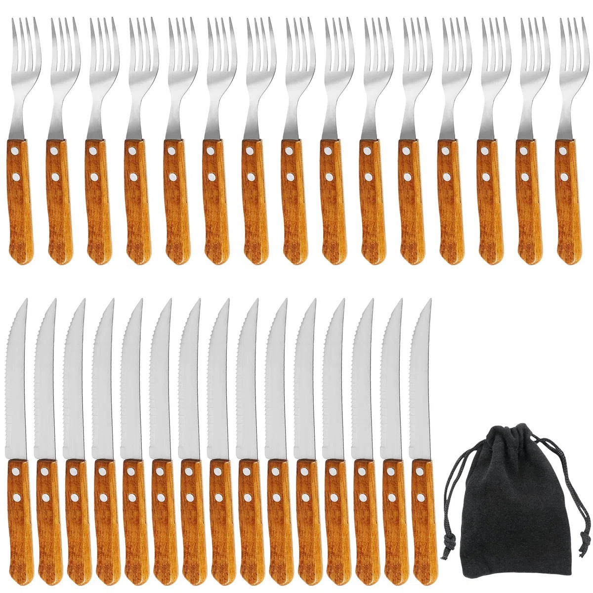 Set di 30 posate da bistecca, in acciaio, con 15 coltelli da bistecca e 15 forchette, posate da bistecca per 15 persone, coltello da bistecca, non lavabile in lavastoviglie (marrone)