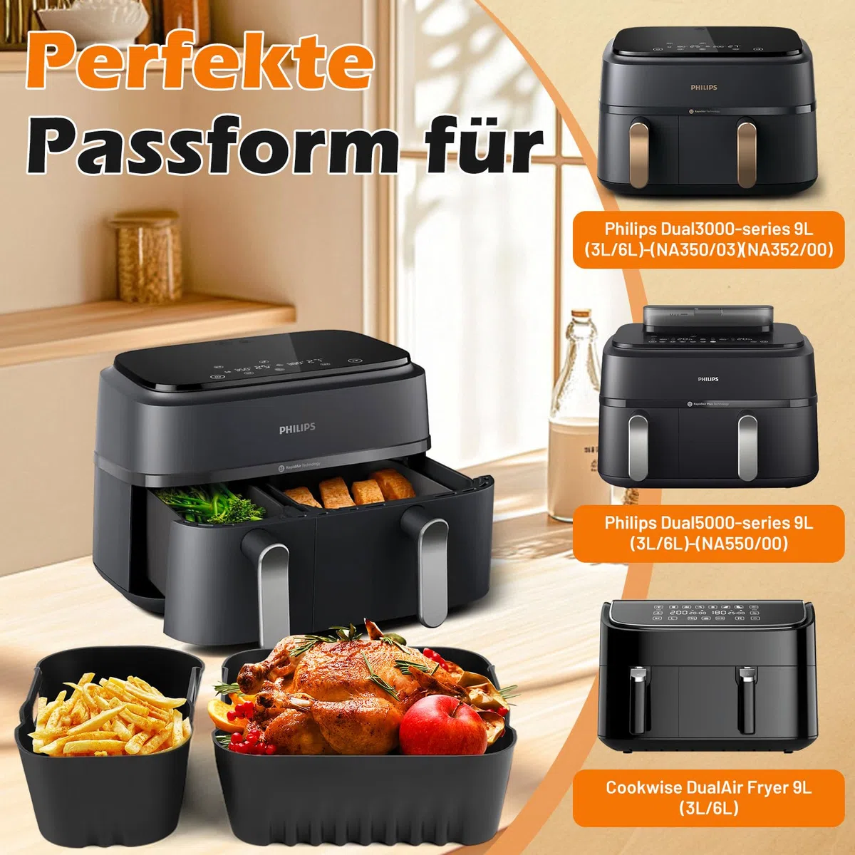 Accessori per friggitrice ad aria calda Philips Dual Basket Airfryer serie 5000/3000 6L/3L, Airfryer stampo in silicone per Philips 5000, senza BPA, riutilizzabile e per uso alimentare (25 pezzi)