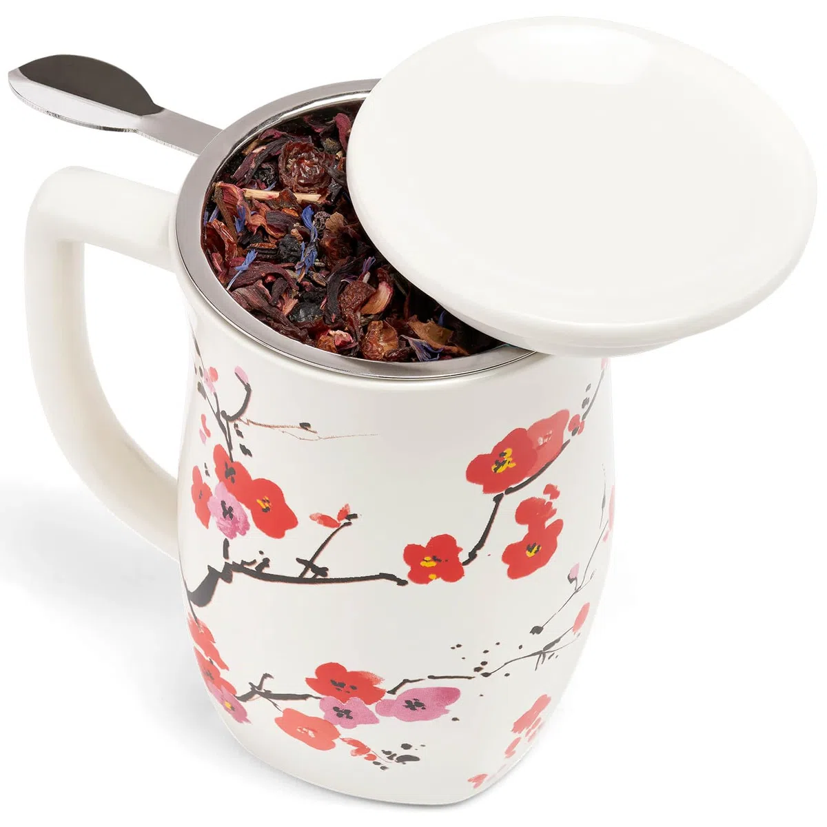 Tea Forte Fiore Tazza da tè in ceramica con infusore e coperchio, Sakura, 400 ml, tazza in ceramica con manico, per macerare tè sfuso, lavabile in lavastoviglie e adatta al microonde