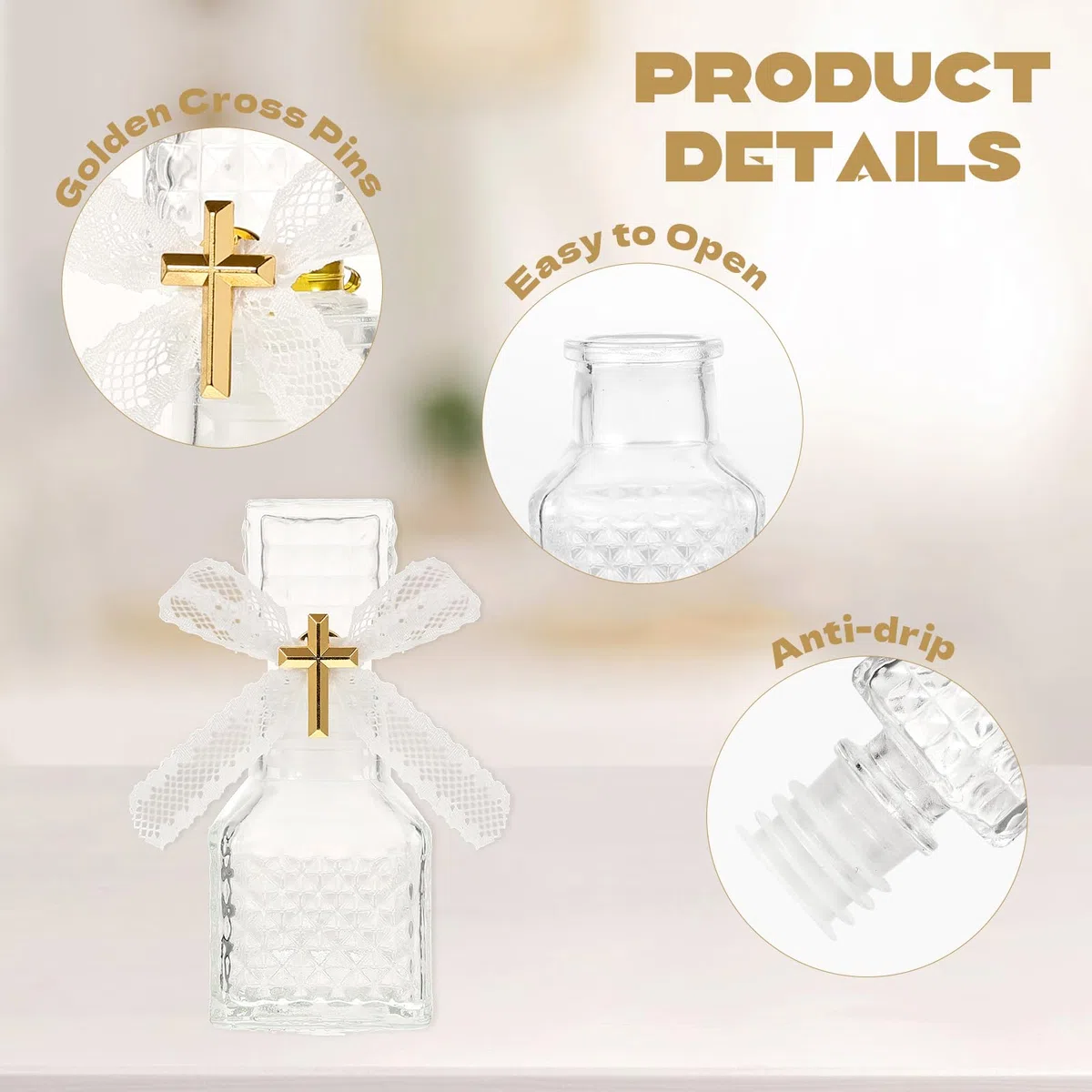 Set di 24 bottiglie per acqua santa con 24 spille a croce e fiocco in pizzo, 50 ml, contenitore vuoto per santa prima comunione, chiesa, bomboniere, regali di Gerusalemme, cattolici cristiani